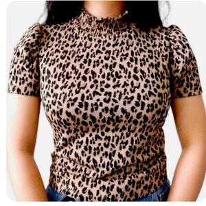 Zara Animal Print Black & Brown Smocked Neck Crop Top Puffed Short Sleeve Size S